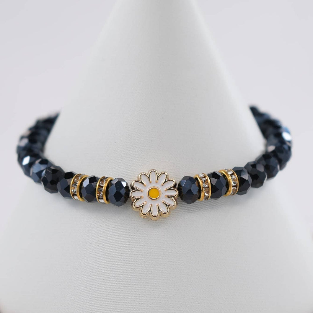 Crystal Beaded Bracelet with Daisy Charm - 7 Color Options