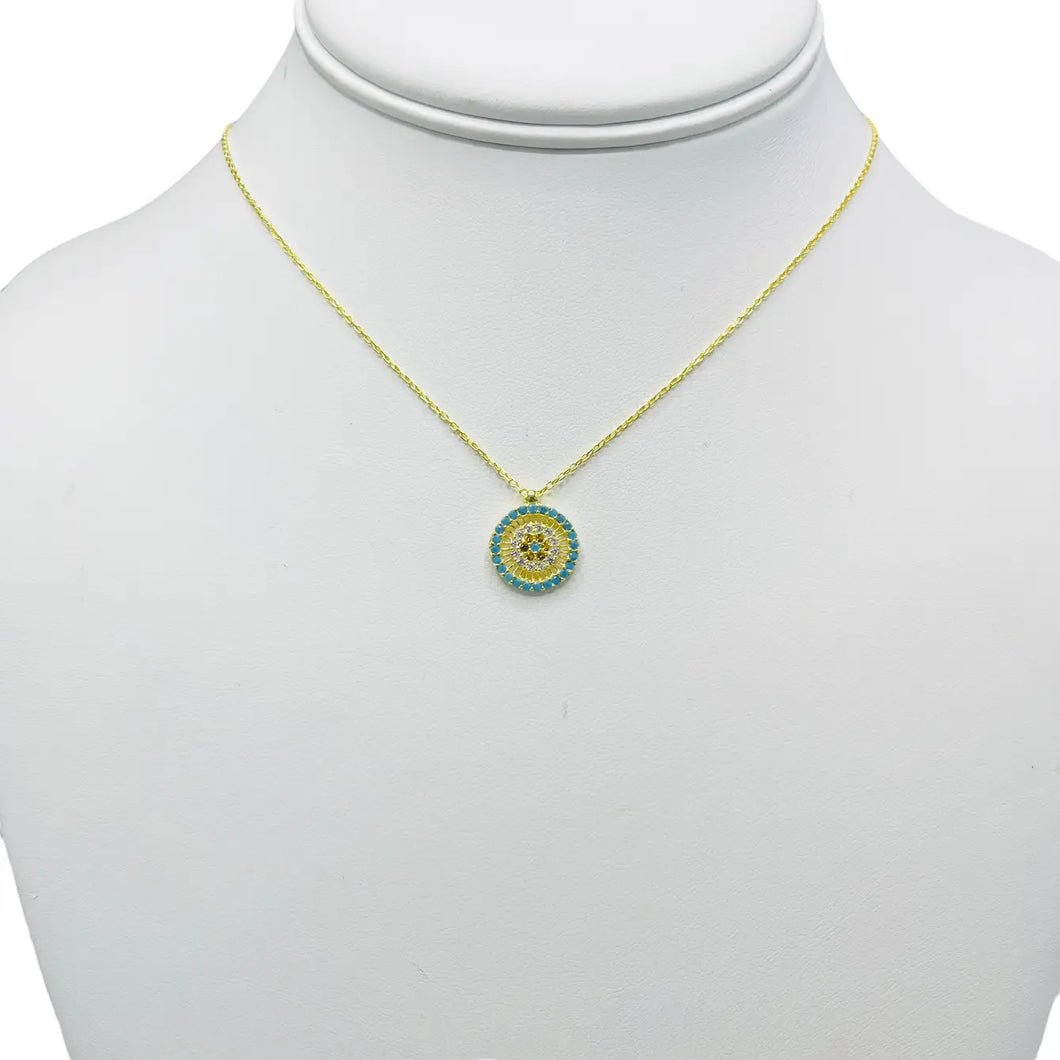 925 Sterling Silver - Round Golden Plated Evileye Necklace