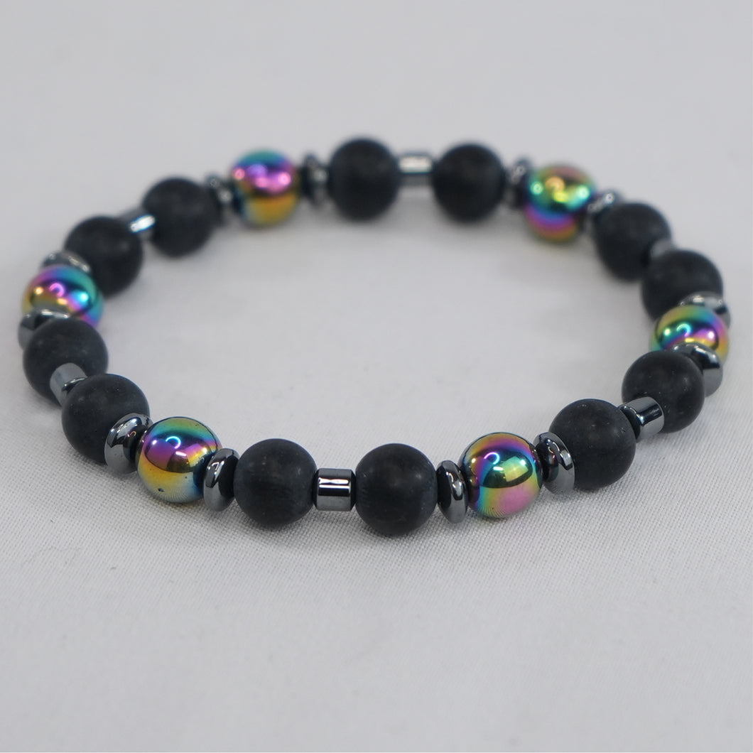 Hematite and Natural Stone Stretch Bracelet: Sleek Fusion