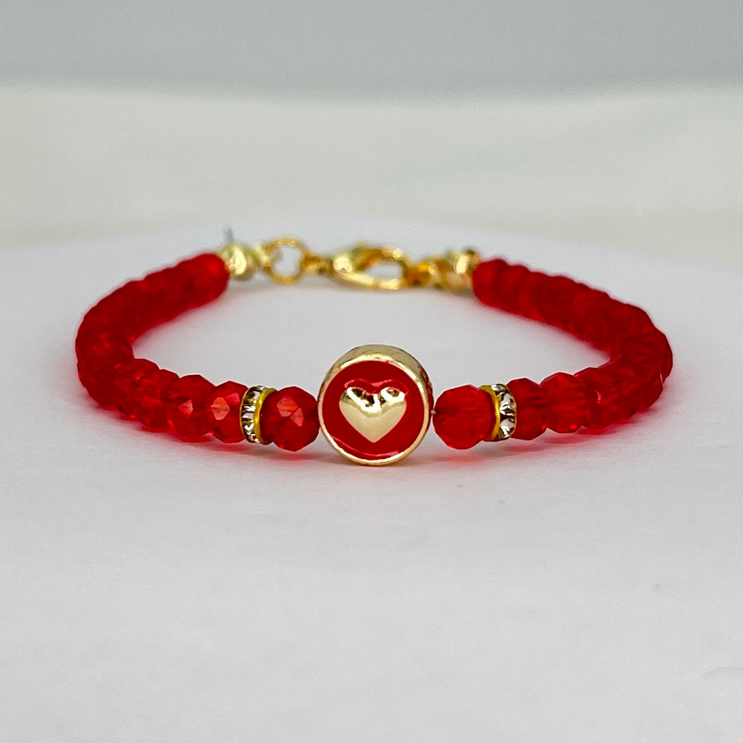 Crystal Beaded Bracelet with Heart Charm - 4 Color Options 