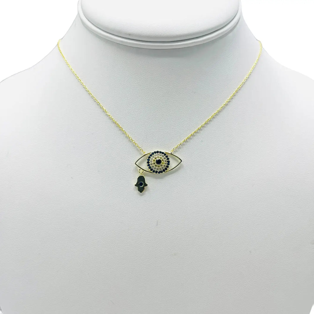 925 Sterling Silver - Large Oval Evileye With Hamsa Necklace