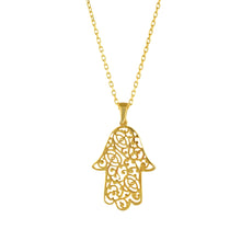 Load image into Gallery viewer, 925 Sterling Silver Gold Plated Patterned Hamsa Necklace
