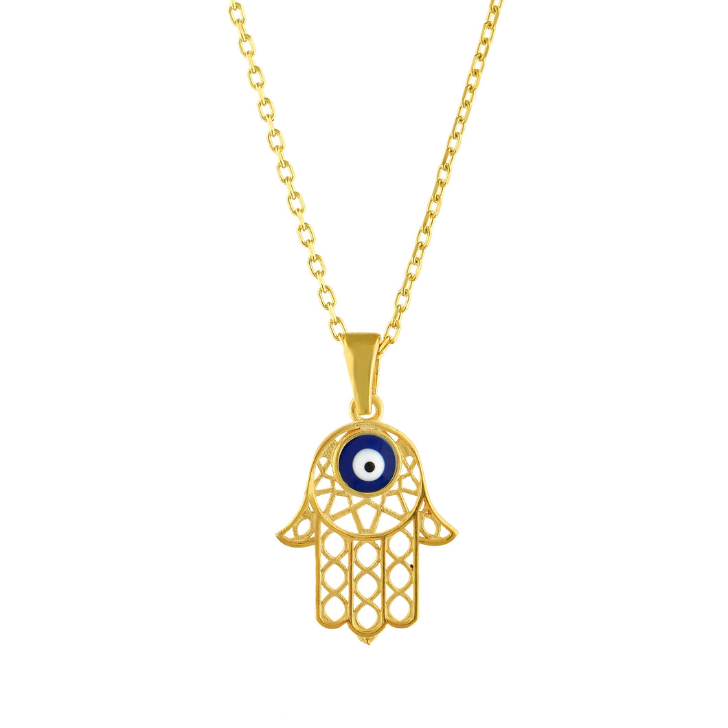 925 Sterling Silver Gold Plated Hamsa Evil Eye Necklace