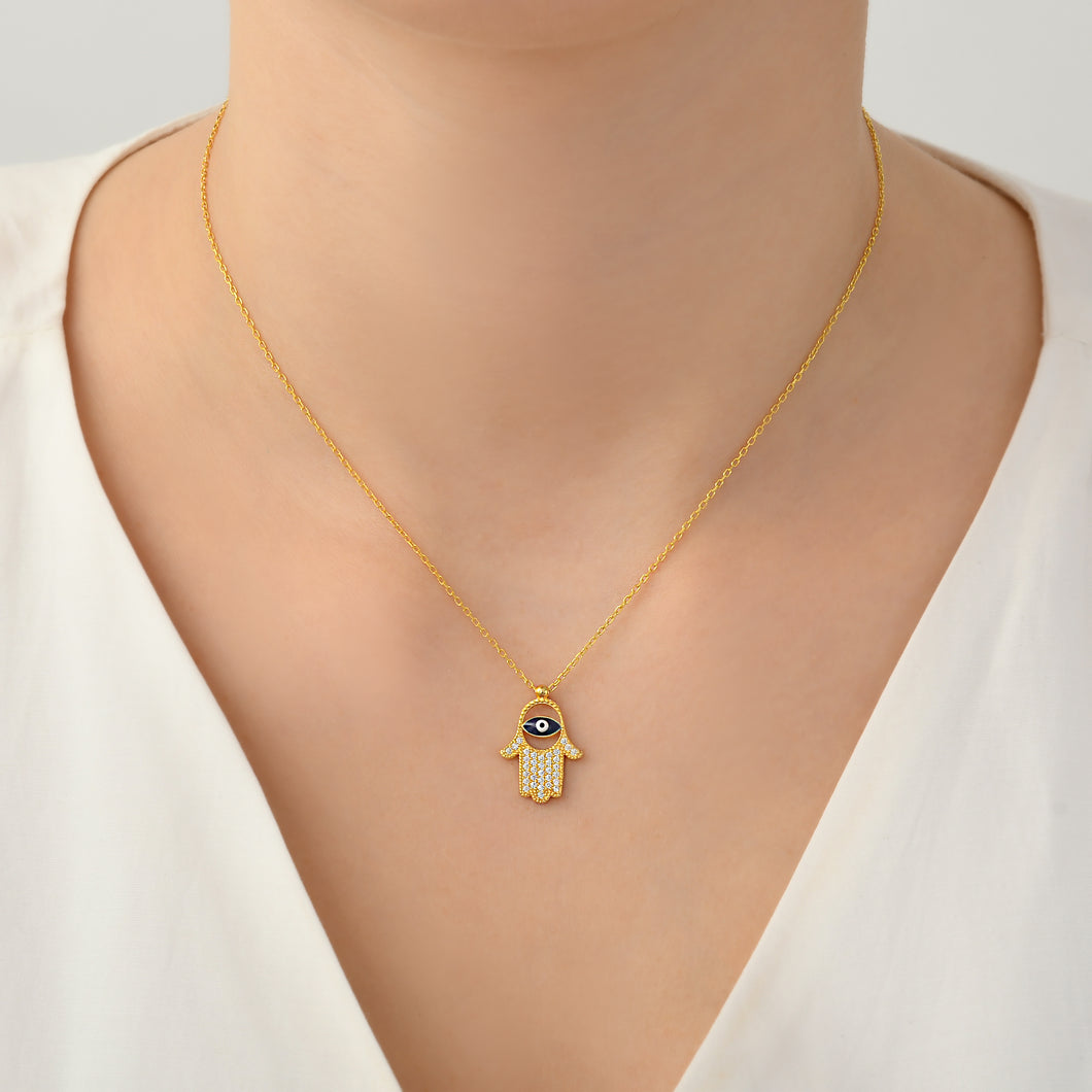 925 Sterling Silver Gold Plated Hamsa Evil Eye Necklace